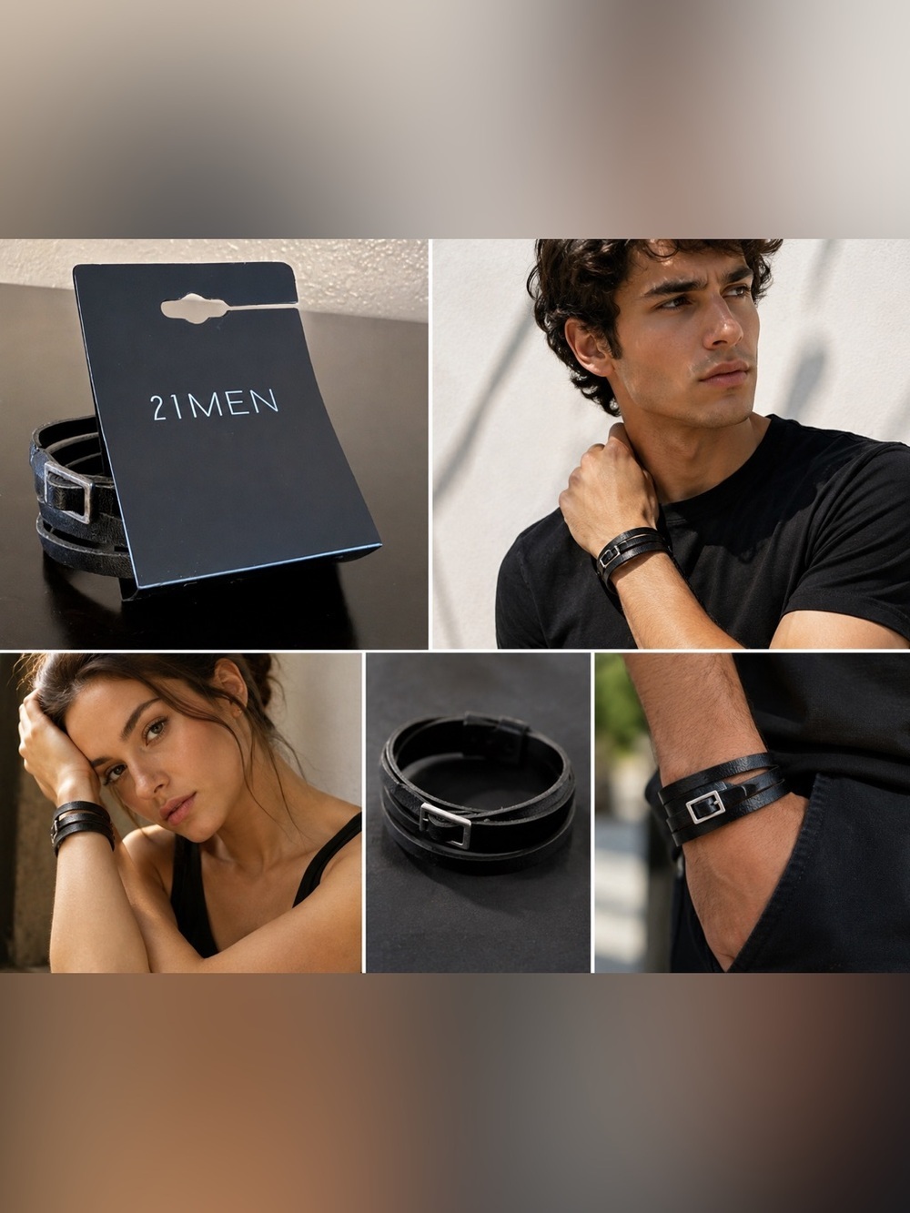 21MEN Forever 21 Strappy Faux Leather Wrap Bracelet | Adjustable Unisex Layered - Picture 1 of 4